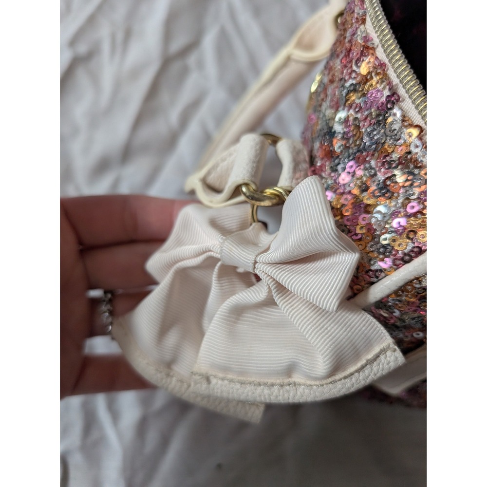 Betsey Johnson Sequin Bow Heart Charm Satchel Handbag Pink Gold Multi Color - Picture 4 of 6